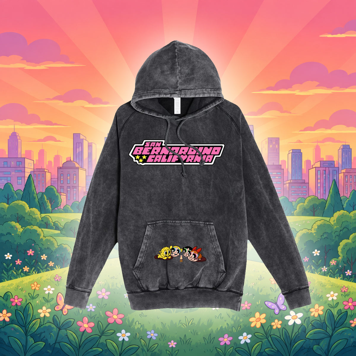 Unisex Vintage Hoodie- Power Puff with embroidery pocket